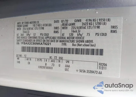 2022 Ford Transit-350 Passenger Van Xlt z USA, uszkodzony, nr VIN 1FBAX2C86NKA79221